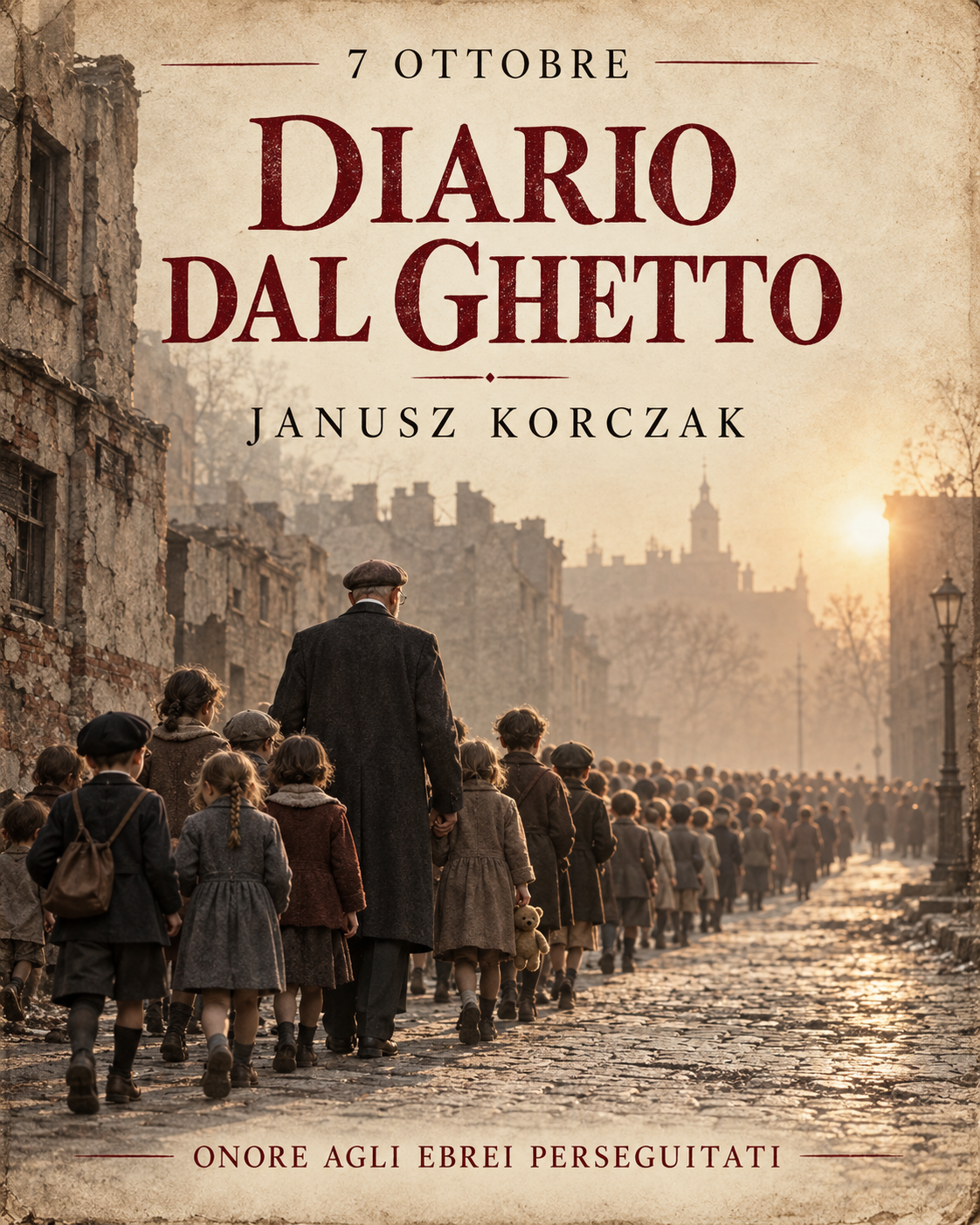 Janusz Korczak, pediatra, educatore ebreo e autore del Diario dal ghetto, non abbandonò i circa duecento bambini del suo orfanotrofio, deportati con lui a Treblinka nell’agosto 1942. Rimase al loro fianco fino alla fine, lasciando una testimonianza di cura e dignità umana. Illustrazione commemorativa, non fotografia storica.